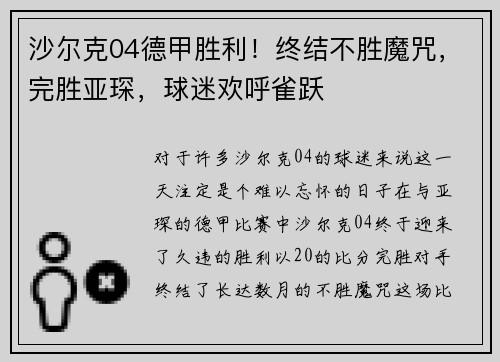 沙尔克04德甲胜利！终结不胜魔咒，完胜亚琛，球迷欢呼雀跃