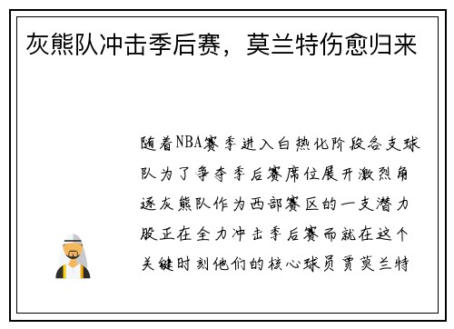 灰熊队冲击季后赛，莫兰特伤愈归来